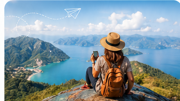 A traveller enjoying a mountain and lake view