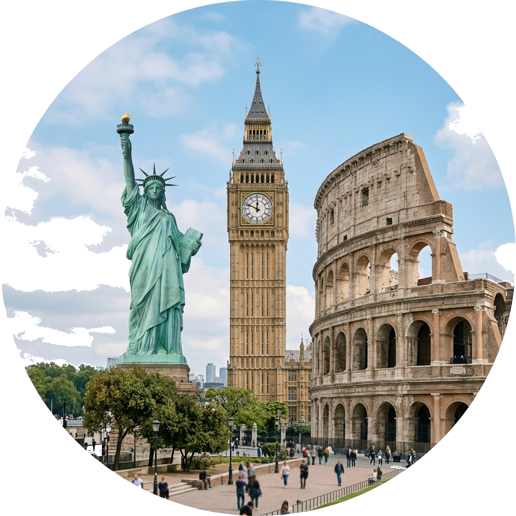 Statue of Liberty, Big Ben, and Colosseum